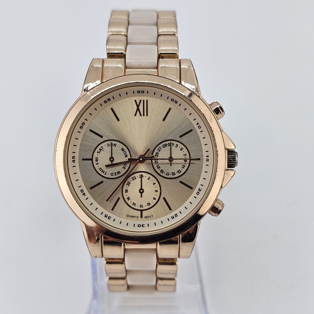 38MM Women's Analog‎ Watch Gold Dial Gold Cream Bands 6.5" NEW Battery